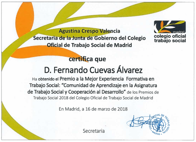 Mejor Experiencia Formativa en Trabajo Social 2018